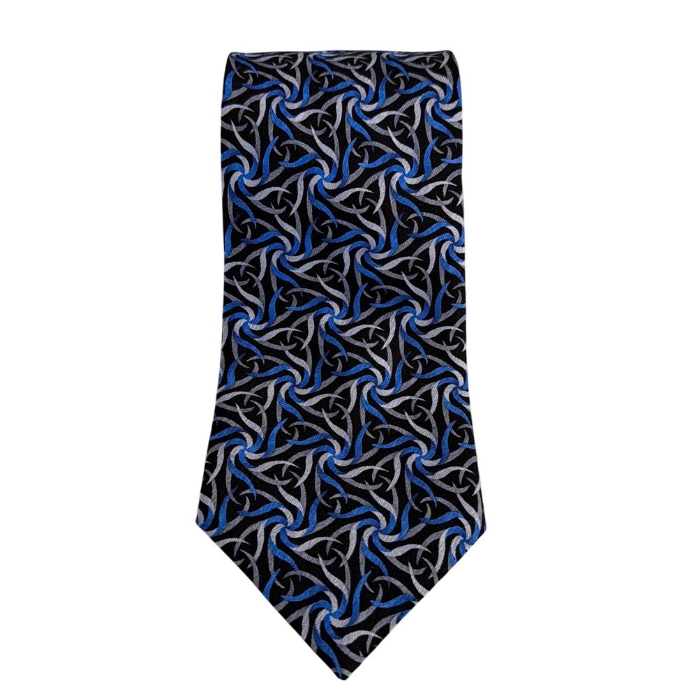 Jhane Barnes Mens Blue Silver Black Geometric Swirl 100% Silk Necktie Italy